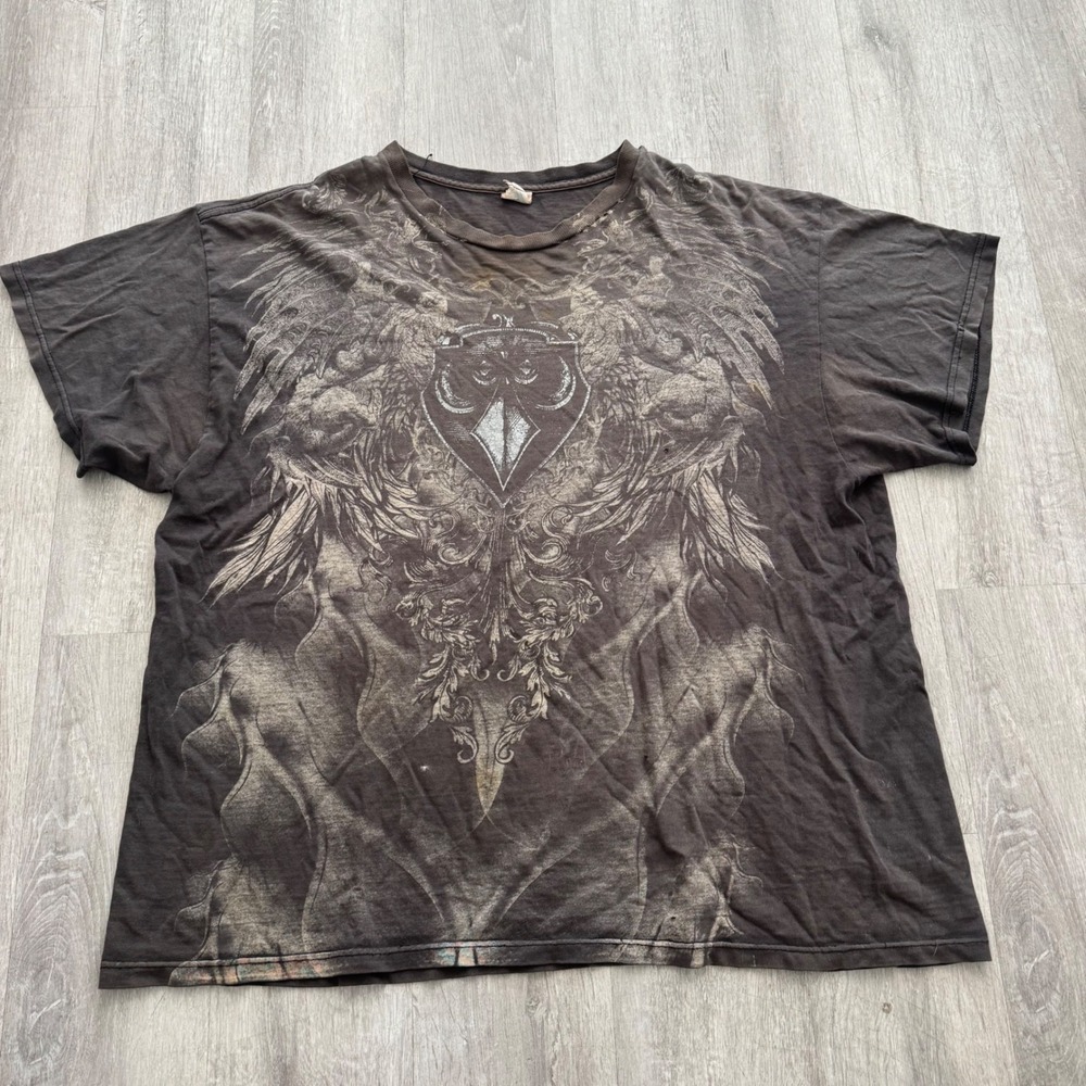 Vintage Graphic Eagle Crest T-Shirt Faded Black Distressed Grunge Y2K XL